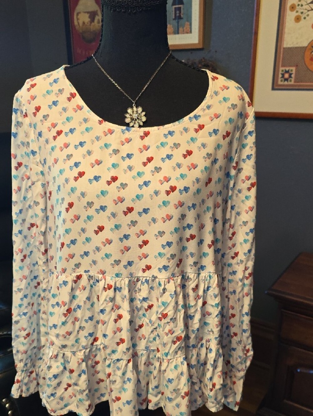 Jane and Delancey Cream Blouse with Blue and Red Floral Print